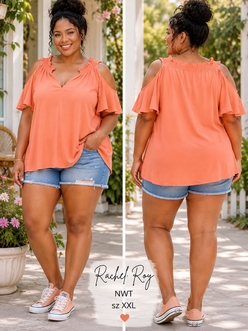 Rachel Roy Cold Shoulder Flutter Sleeve Blouse NWT XXL Coral Peach High-Low Top